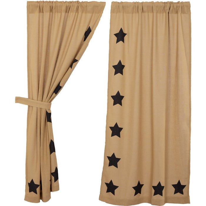 Burlap Natural Black Stencil Star Short Panel Curtains 63" - Primitive Star Quilt Shop
