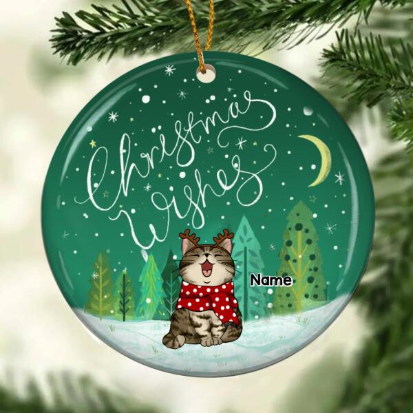 Cat Christmas Wishes Greentone Circle Ceramic Ornament, Personalized Cat Lovers Decorative Christmas Ornament