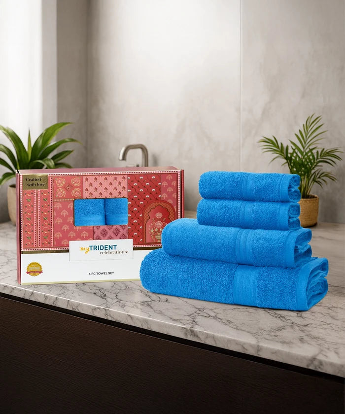 Celebration 4Pc Towel set, Perfect Blue | 450 GSM Cotton