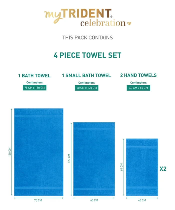 Celebration 4Pc Towel set, Perfect Blue | 450 GSM Cotton