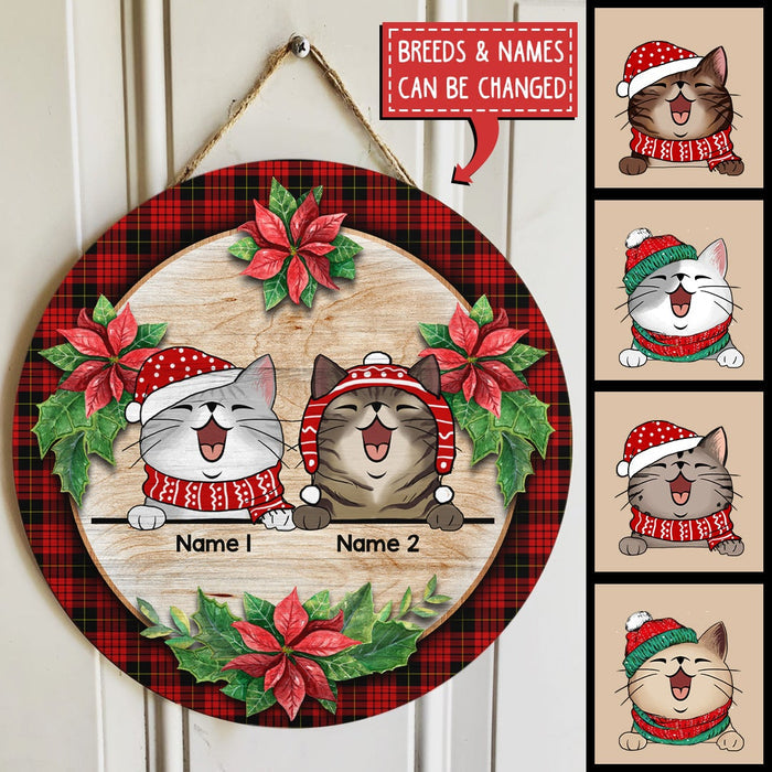 Christmas Door Decorations, Gifts For Cat Lovers, Christmas Flower And Red Plaid Welcome Door Sign , Cat Mom Gifts