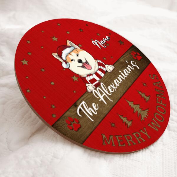 Christmas Door Decorations, Gifts For Dog Lovers, Merry Woofmas Red Background Family Name Sign , Dog Mom Gifts