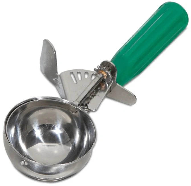 Metal ice cream scoop with green handle on a white background