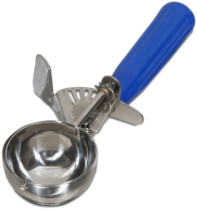 Metal ice cream scoop with blue handle on a white background