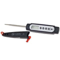 A digital pocket thermometer with a black body and fine tip, alongside a protective cover with a red strap.