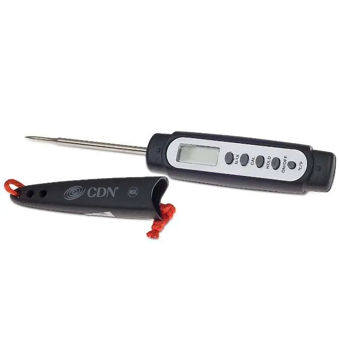 A digital pocket thermometer with a black body and fine tip, alongside a protective cover with a red strap.