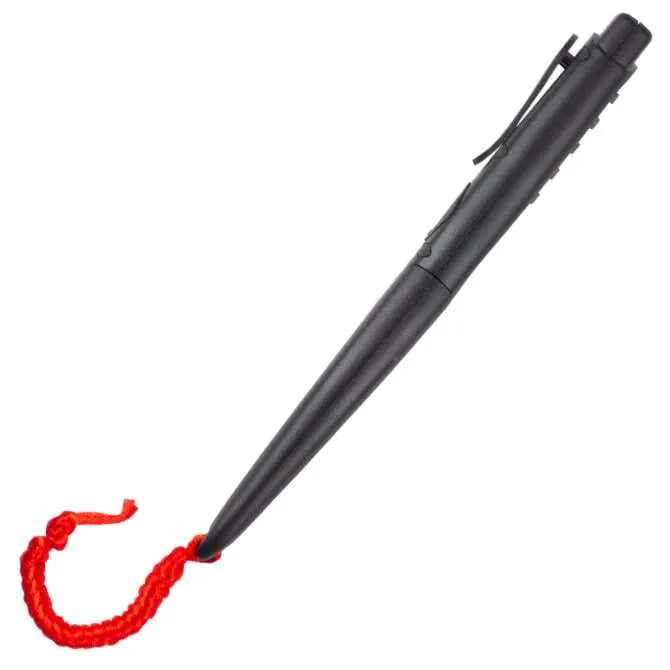 A digital pocket thermometer with a black body and fine tip, alongside a protective cover with a red strap.
