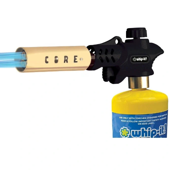 A black Core Pro Torch with a yellow gas cylinder attached to a black base, designed for grilling and cooking.