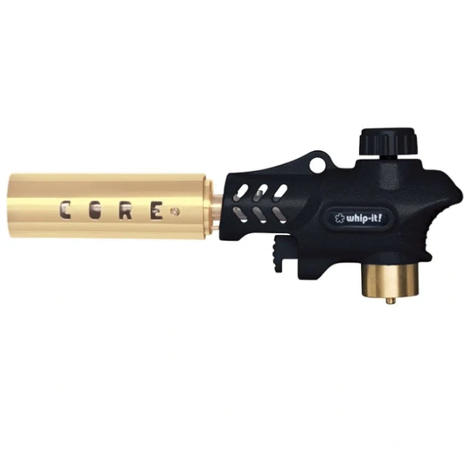 A black Core Pro Torch with a yellow gas cylinder attached to a black base, designed for grilling and cooking.