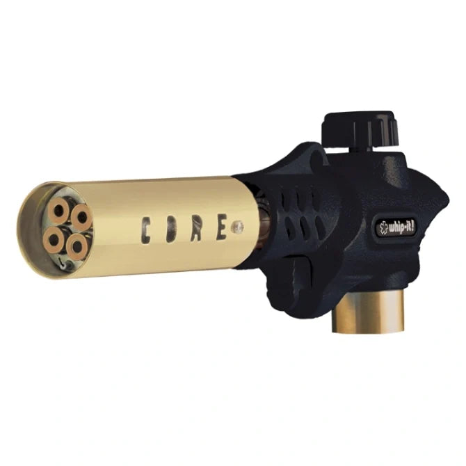A black Core Pro Torch with a yellow gas cylinder attached to a black base, designed for grilling and cooking.