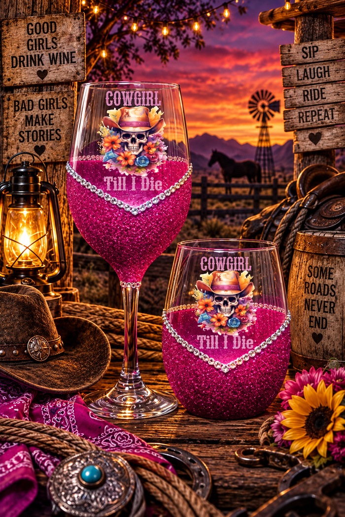 Cowgirl Till I Die – Bling Glitter Glass Holiday Drinkware (Country Western Collection)