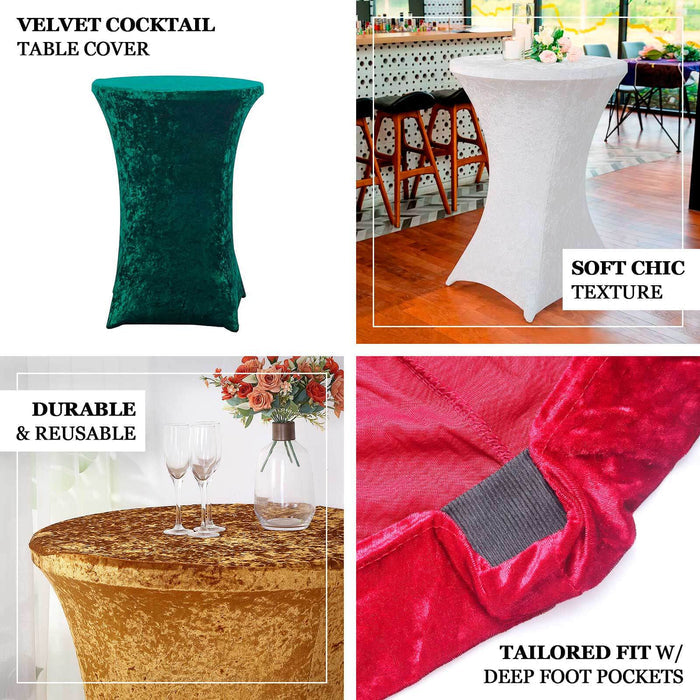 Velvet cocktail table cover in green, white, and red with soft texture and tailored fit.