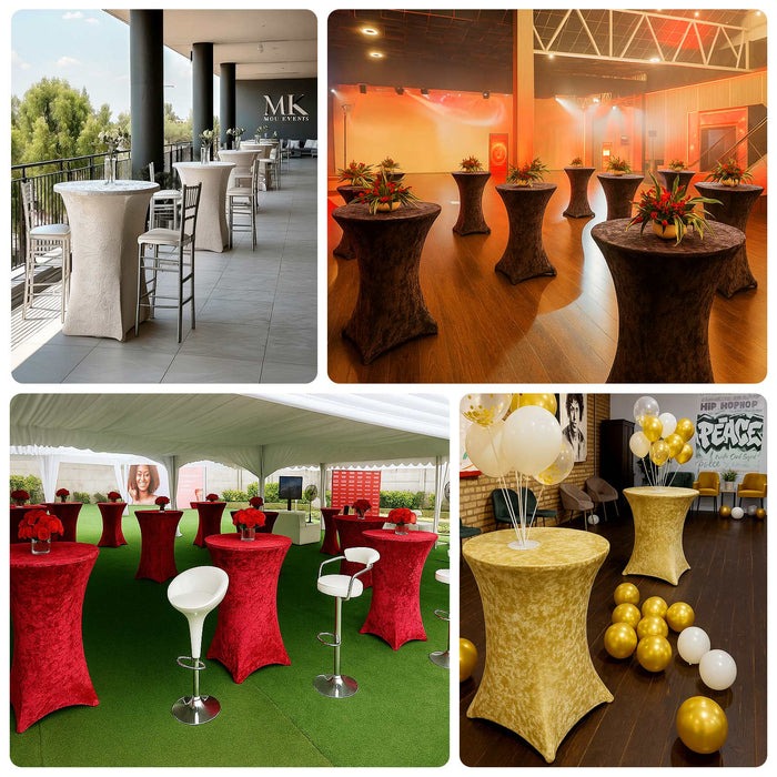 Decorative event tables in various colors and settings.