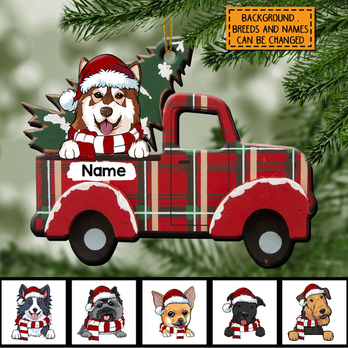 Cute Dog On Red Truck Shaped Wooden Ornament, Personalized Dog Lovers Decorative Christmas Ornament