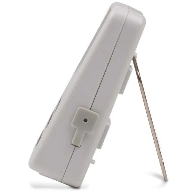 side view of Digital Probe Thermometer with stand extended on white background.