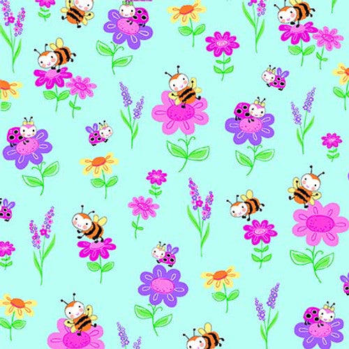 Double Sided Flannel Blanket - Flowers and Bees Blue Comfy Flannel