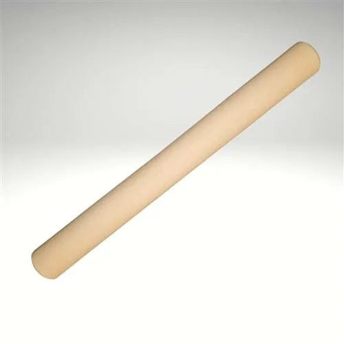 A beige, solid-colored dowel rolling pin on a light background.