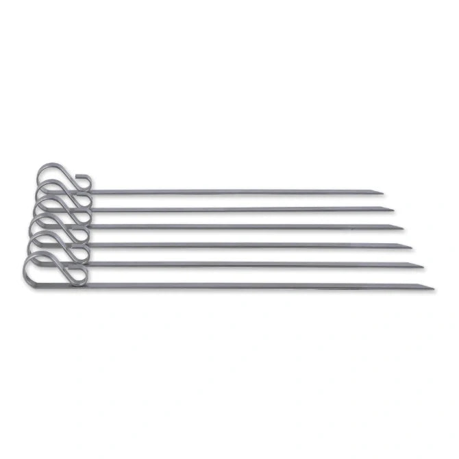 A set of six flat stainless steel skewers with looped ends, displayed against a white background.