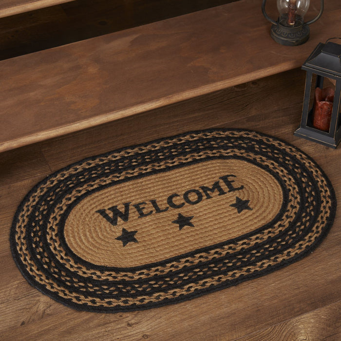 Farmhouse Star "Welcome" Oval Braided Rug 20x30" - Primitive Star Quilt Shop