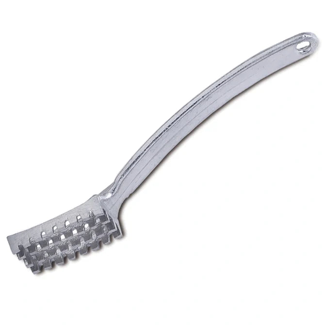 A durable one-piece aluminum fish scaler with a long handle and multiple teeth on one side.