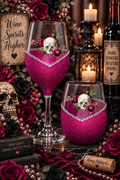 Floral Skull Design #6 – Bling Glitter Glass Wine Glasses (Pirate Skull Halloween Collection)