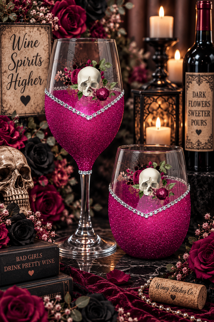 Floral Skull Design #6 – Bling Glitter Glass Wine Glasses (Pirate Skull Halloween Collection)