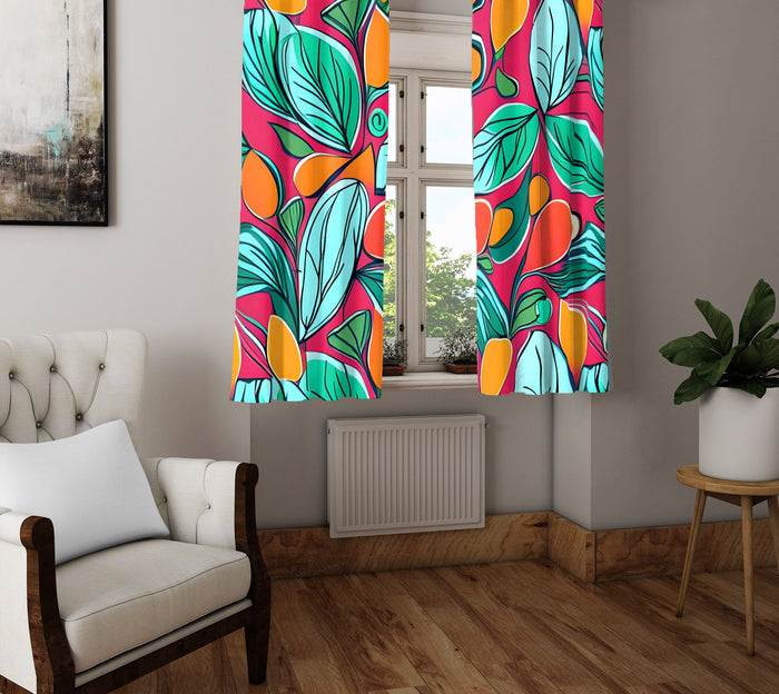 Floral Window Curtain - Bright Blue and Red Abstract Oranges - Deja Blue Studios
