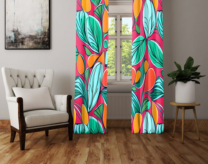 Floral Window Curtain - Bright Blue and Red Abstract Oranges - Deja Blue Studios