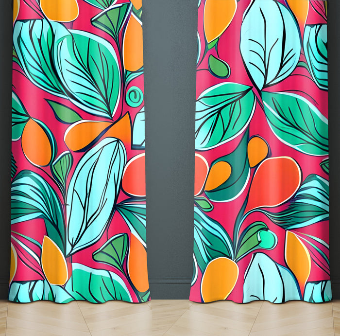 Floral Window Curtain - Bright Blue and Red Abstract Oranges - Deja Blue Studios