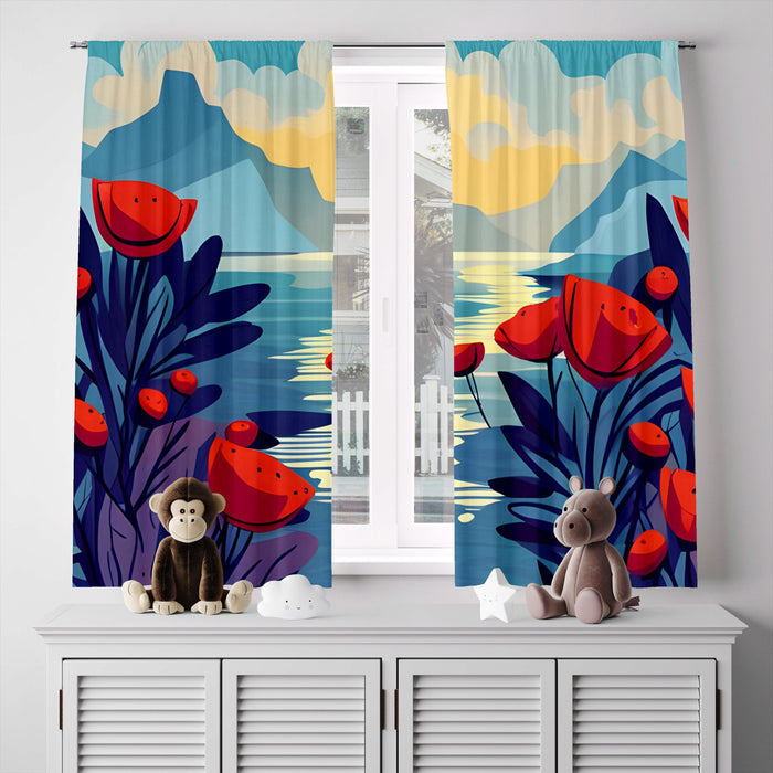 Floral Window Curtain - Oceanside Poppy Mountains - Deja Blue Studios