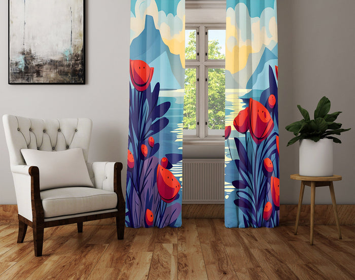Floral Window Curtain - Oceanside Poppy Mountains - Deja Blue Studios