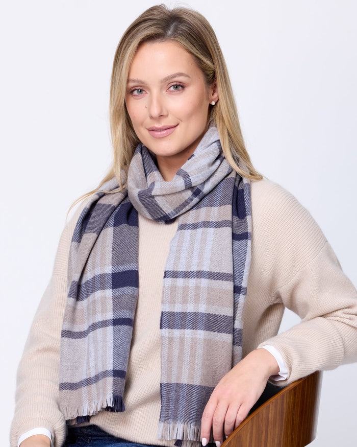 Foxford Navy and Mink Tartan Fine Wool Cashmere Blend Scarf