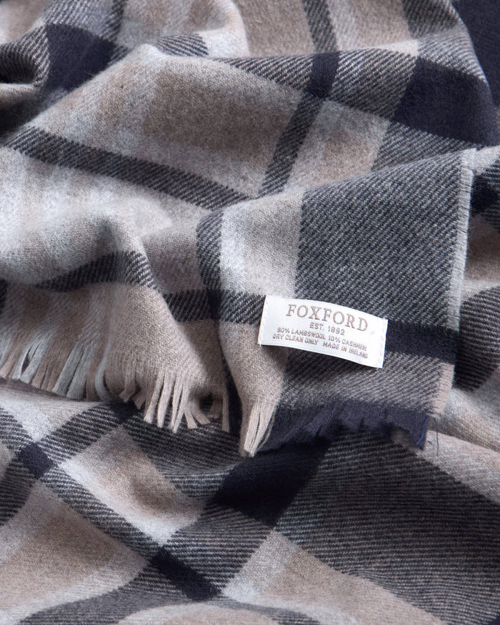 Foxford Navy and Mink Tartan Fine Wool Cashmere Blend Scarf