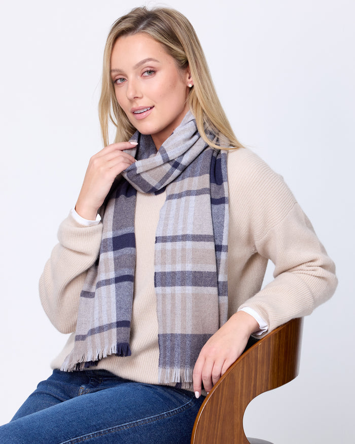 Foxford Navy and Mink Tartan Fine Wool Cashmere Blend Scarf