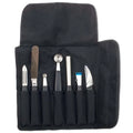 A set of kitchen tools for peeling and coring fruits, displayed in an organized fashion within a black roll-up case.
