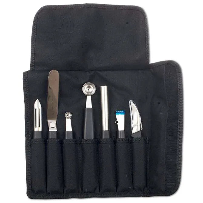 A set of kitchen tools for peeling and coring fruits, displayed in an organized fashion within a black roll-up case.