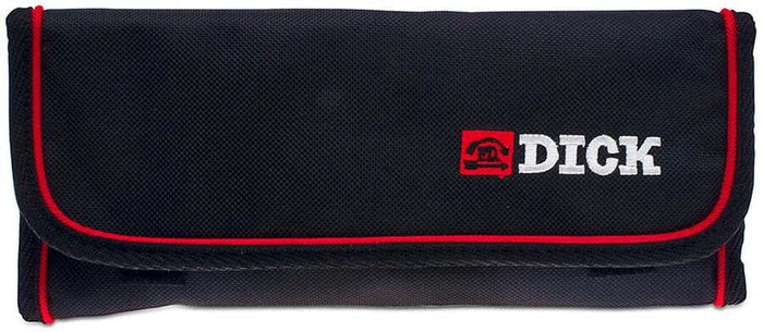 A Black Roll up case with red stitching for kitchen utensils with red emblem and white logo.