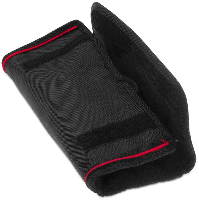 A Black Roll up case for kitchen utensils with Velcro closing straps.