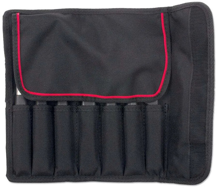 A Black Roll up case for kitchen utensils with red stitching on white background.
