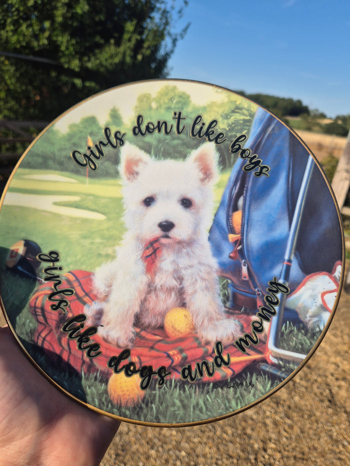 Girls dont like boys girls like dogs and money Westie plate