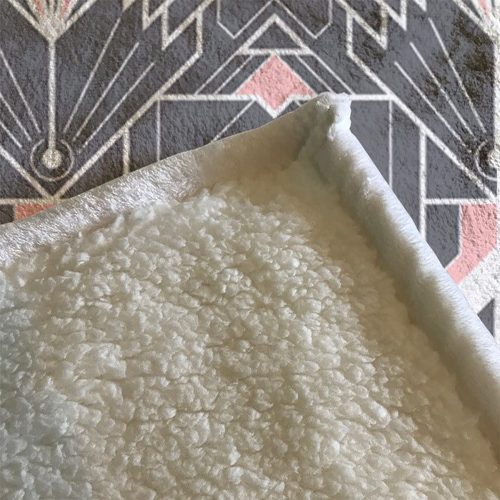 Gray and Pink Geometric Tile Pattern Fleece Sherpa Blanket