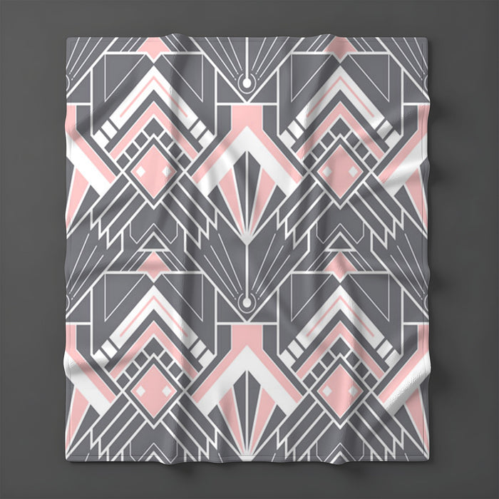 Gray and Pink Geometric Tile Pattern Fleece Sherpa Blanket