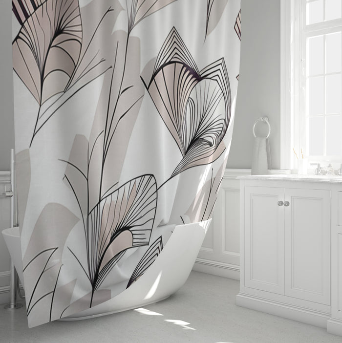 Gray Botanical Fan Leaf Pattern Shower Curtain