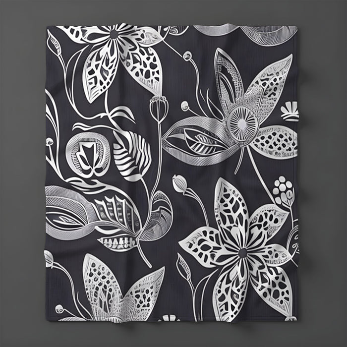 Gray Floral Botanical Illustration Pattern Fleece Sherpa Blanket