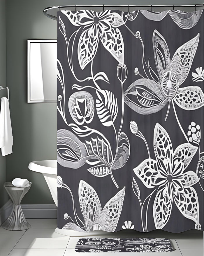 Gray Floral Botanical Illustration Pattern Shower Curtain