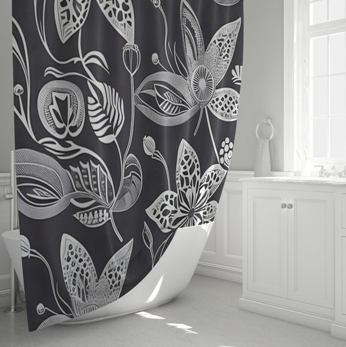 Gray Floral Botanical Illustration Pattern Shower Curtain