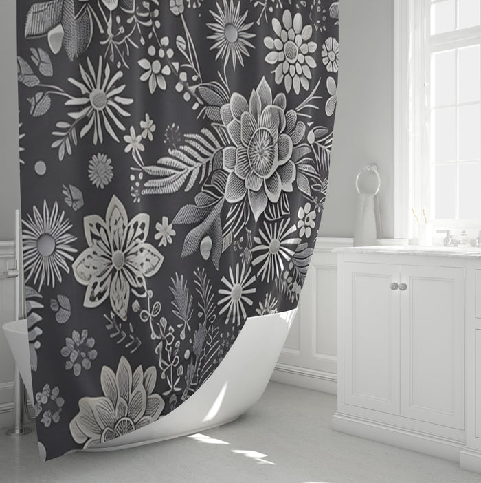 Gray Floral Botanical Pattern Shower Curtain