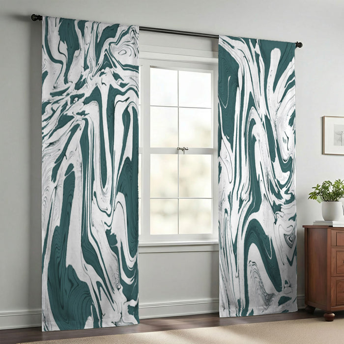 Green and White Organic Marble Pattern Window Curtain