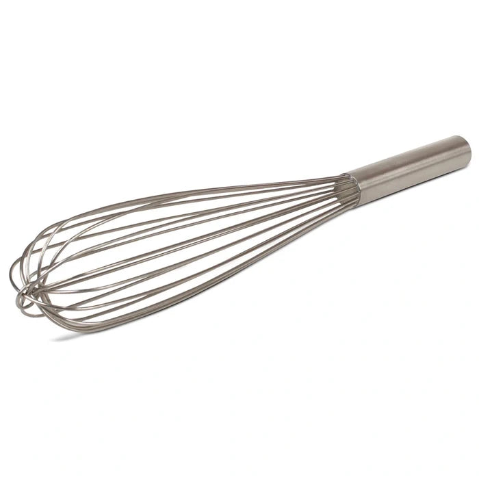 A silver French whisk with a sealed handle and thick wire.