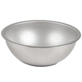 A deep silver stainless steel mixing bowl with a flat bottom.